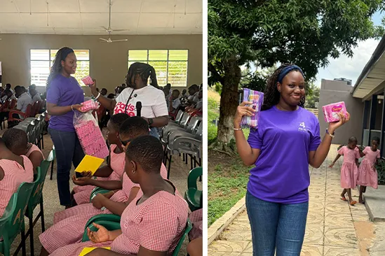 Ziora volunteers handing out sanitary pad packs at the Akropong School for the Blind